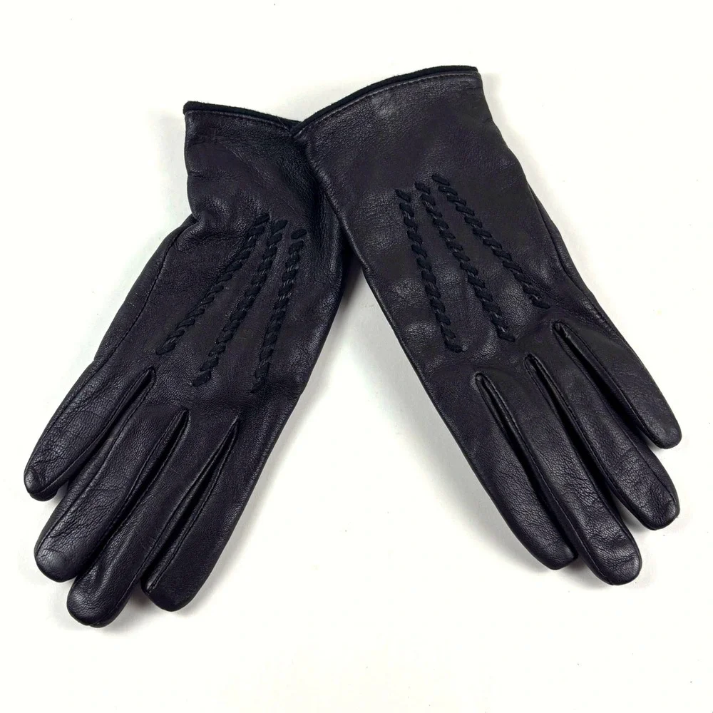 Lauren Ralph Lauren Gloves Womens Small Black Leather Whipstitch Fleece Lined